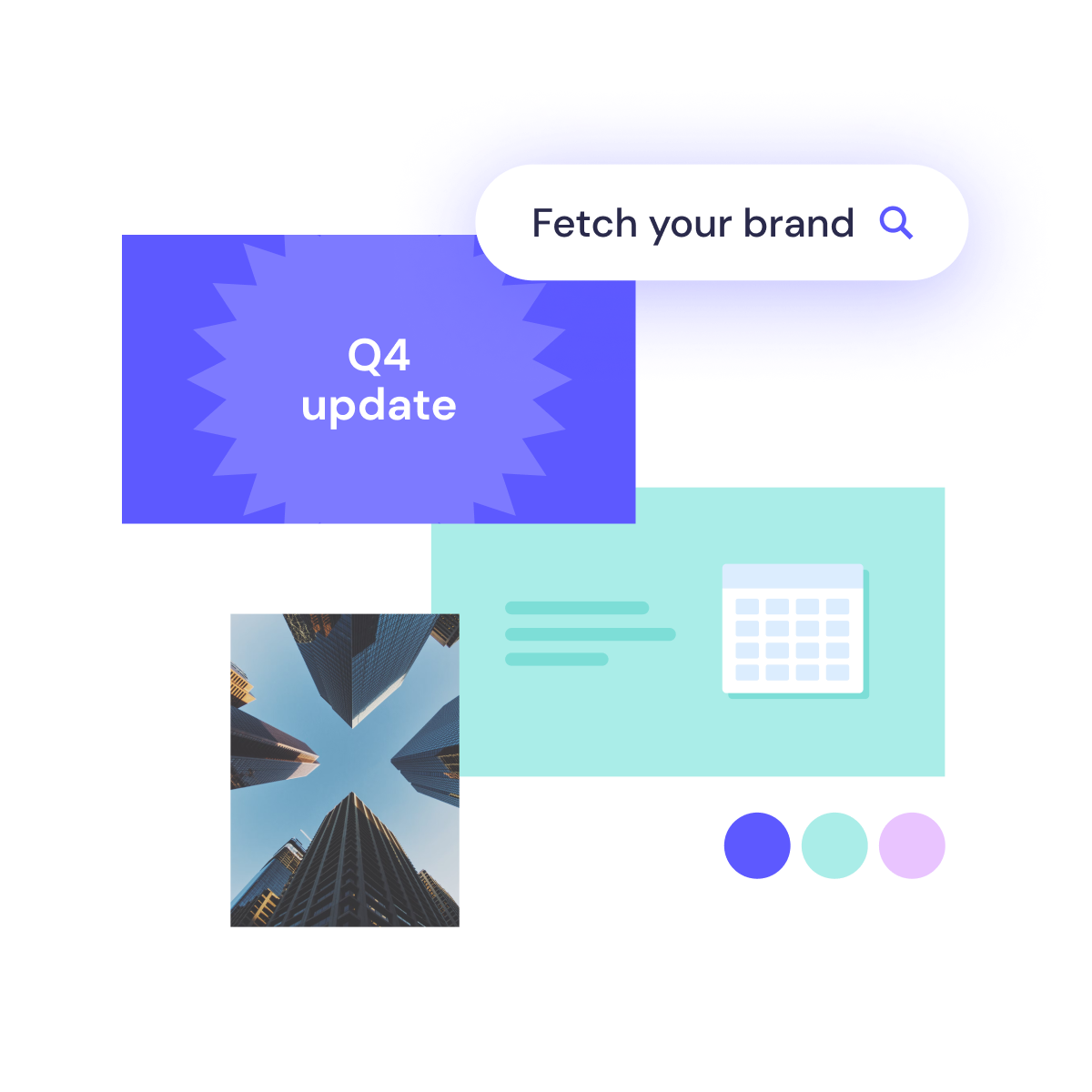 A digital collage featuring a search bar with the text "fetch your brand," a "q4 update" badge, and various abstract geometrical design elements with a skyscraper photo in the background.