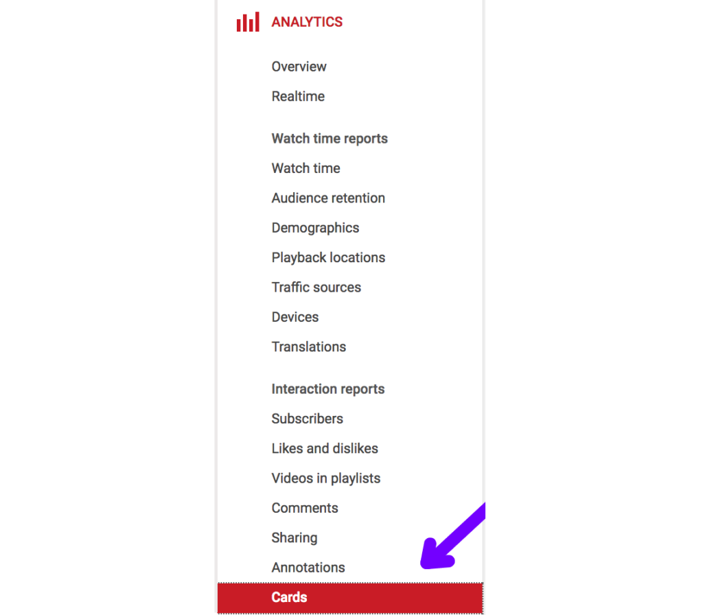 Screenshot of a video platform analytics menu, with the "cards" option highlighted by an arrow.
