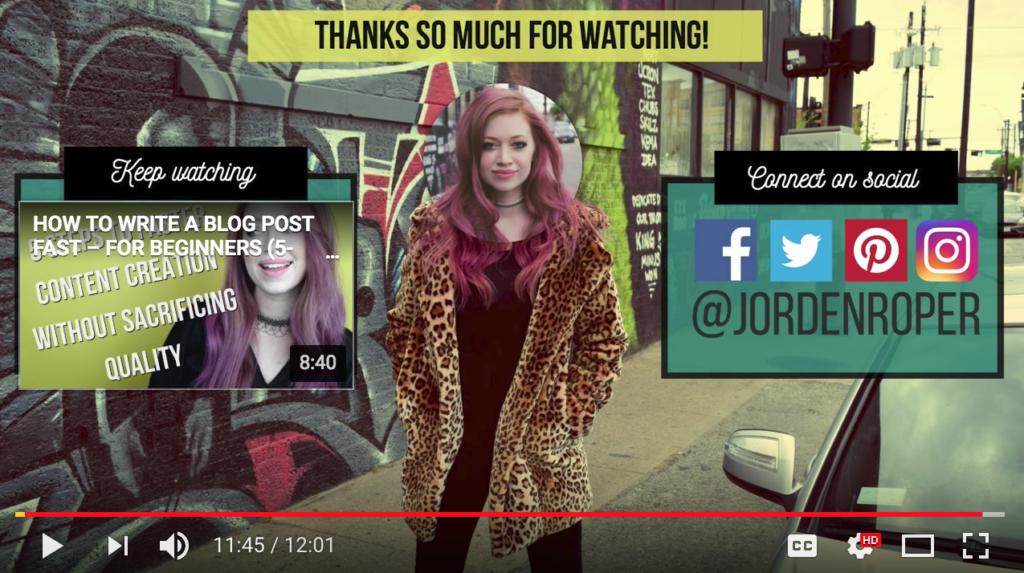 A woman in a leopard print coat standing on a sidewalk with a youtube video end screen displaying social media icons and video recommendations.