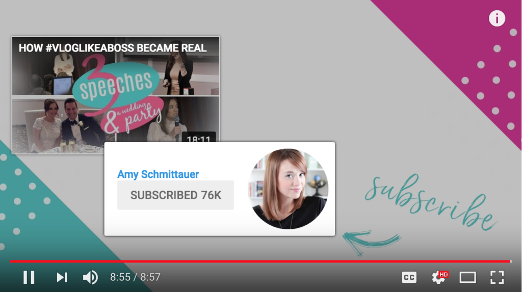 A screenshot of a youtube video featuring a creator named amy schmittauer, with a subscribe button indicating 76k subscribers, at an 8:55 timestamp out of an 8:57 total duration.