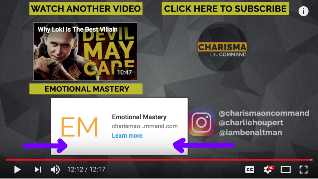 Youtube video end screen with options to watch another video, subscribe to the channel, and follow social media accounts.