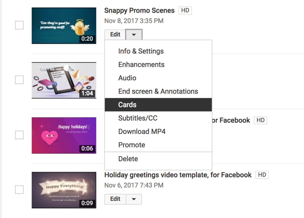 A screenshot displaying a list of video templates with a pop-up menu for enhancements and settings options.