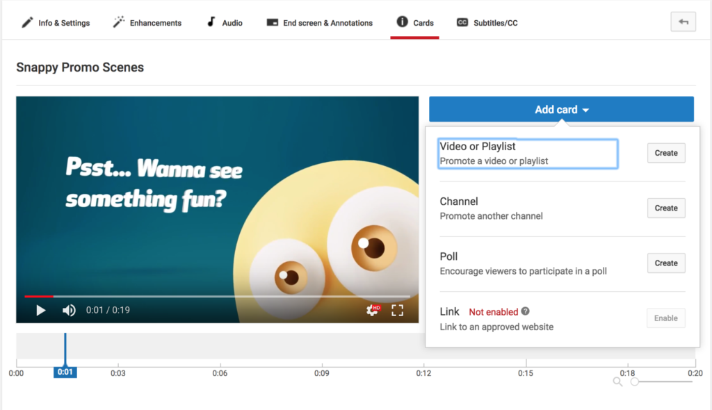 Screenshot of a youtube video editing interface with a dialogue box to add a promotional card, featuring a playful animation character peeking in from the side of the screen.