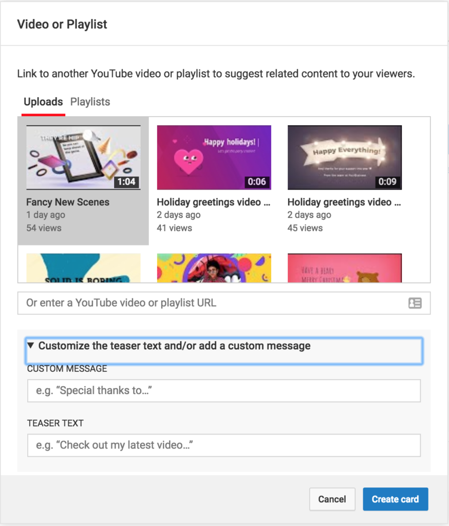 A screenshot of a youtube channel dashboard showcasing recent video uploads and an option to customize a teaser text for a channel trailer.