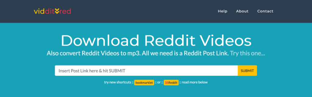 Website interface for vidit.red, a service that allows users to download reddit videos and convert them to mp3, featuring a text field for entering a reddit post link and a submit button.