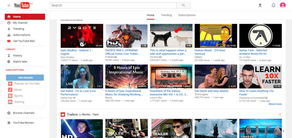 A screenshot of the youtube homepage featuring a variety of video thumbnails, including movie trailers, music videos, and educational content.