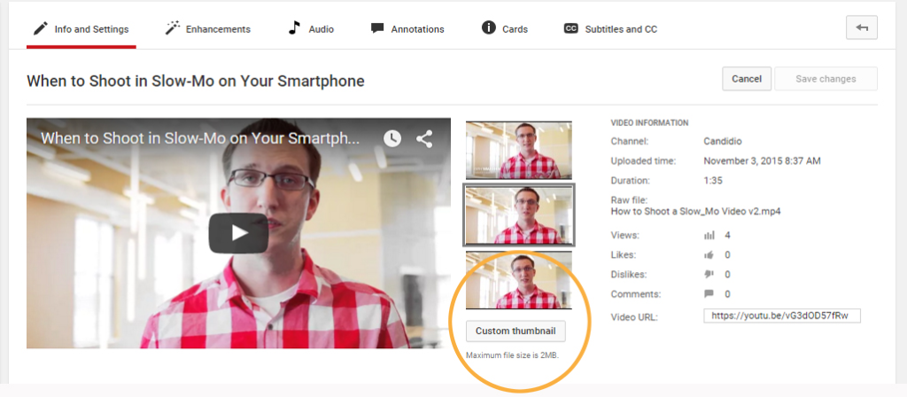 A screenshot of a youtube video editing page showing an instructional video titled "when to shoot in slow-mo on your smartphone" with various video details and editing options displayed.
