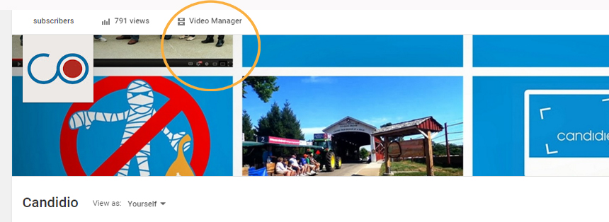 A screenshot of a youtube channel page highlighting the "video manager" link with a mouse cursor.
