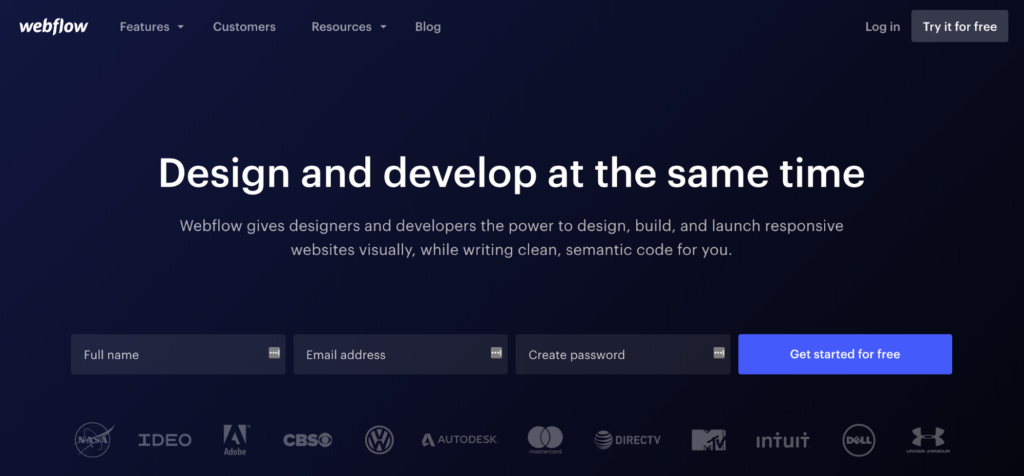 Webflow homepage promoting their design and development platform with a sign-up form.