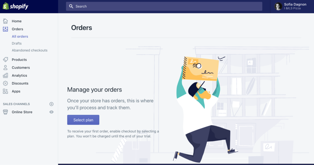 Illustration of a person checking a large checklist with a backdrop featuring the shopify order management interface.