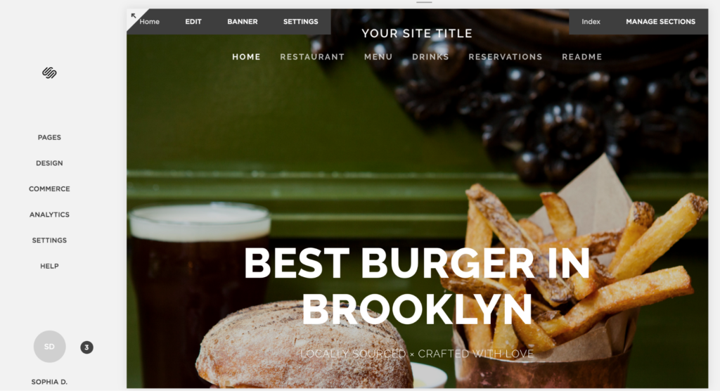 Website homepage for a brooklyn restaurant featuring a beer and burger with the tagline "best burger in brooklyn.