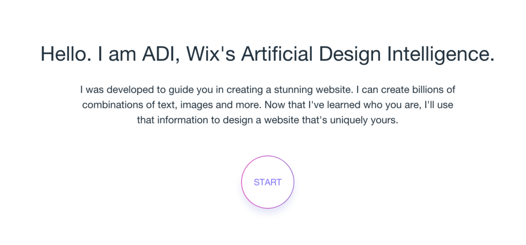 A screenshot of wix's adi introduction page with a welcome message followed by a 'start' button.