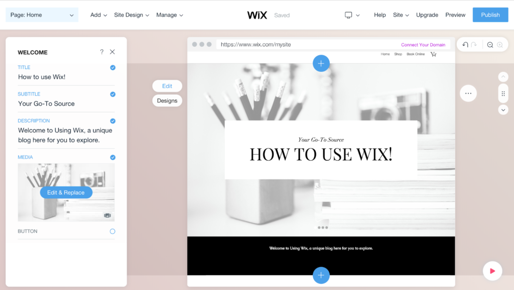 A screenshot of a wix website editor interface with a preview of a blog page titled "how to use wix.