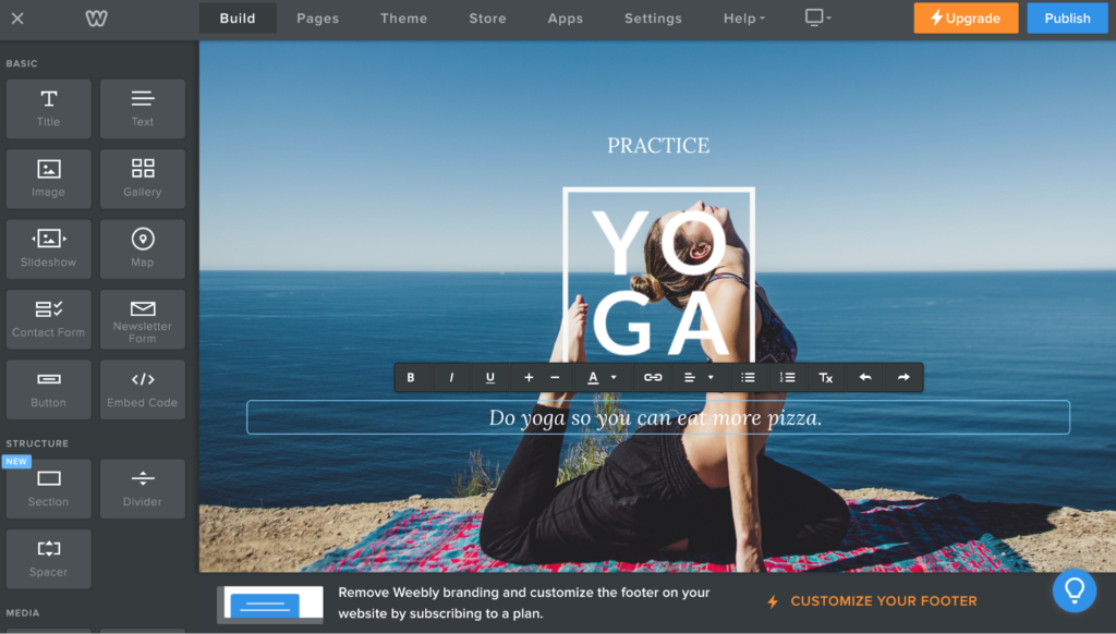A person performs a yoga pose by the sea on a website builder interface with a humorous tagline about practicing yoga to eat more pizza.
