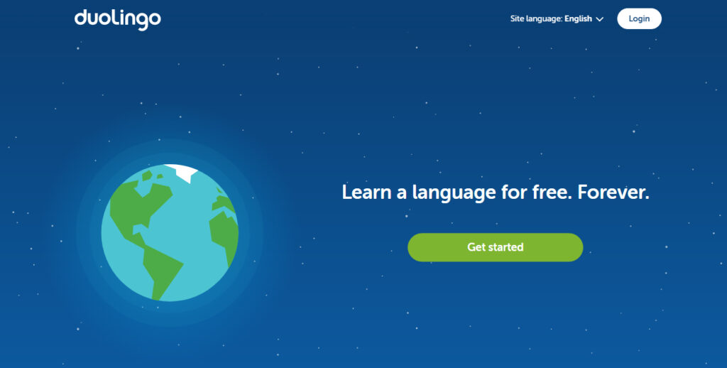 Homepage of duolingo language learning platform, featuring an illustration of earth and a prompt to learn a language for free.