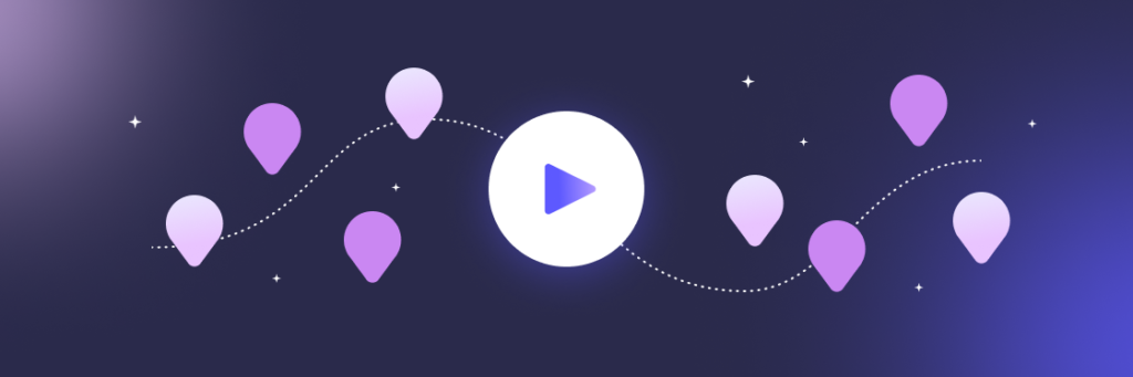 A digital illustration of a play button surrounded by stylized location pins and dotted lines on a purple gradient background, depicting a concept of video content related to navigation or location tracking.