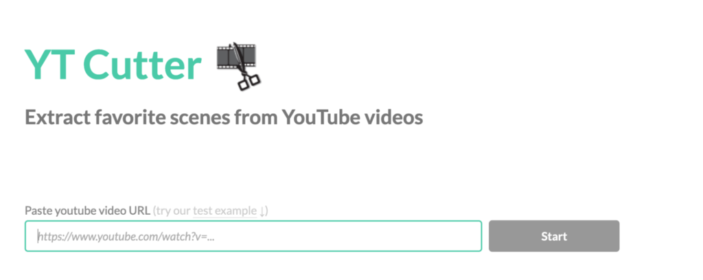 A webpage interface for yt cutter showing a field to paste a youtube video url for the purpose of extracting favorite scenes from youtube videos.