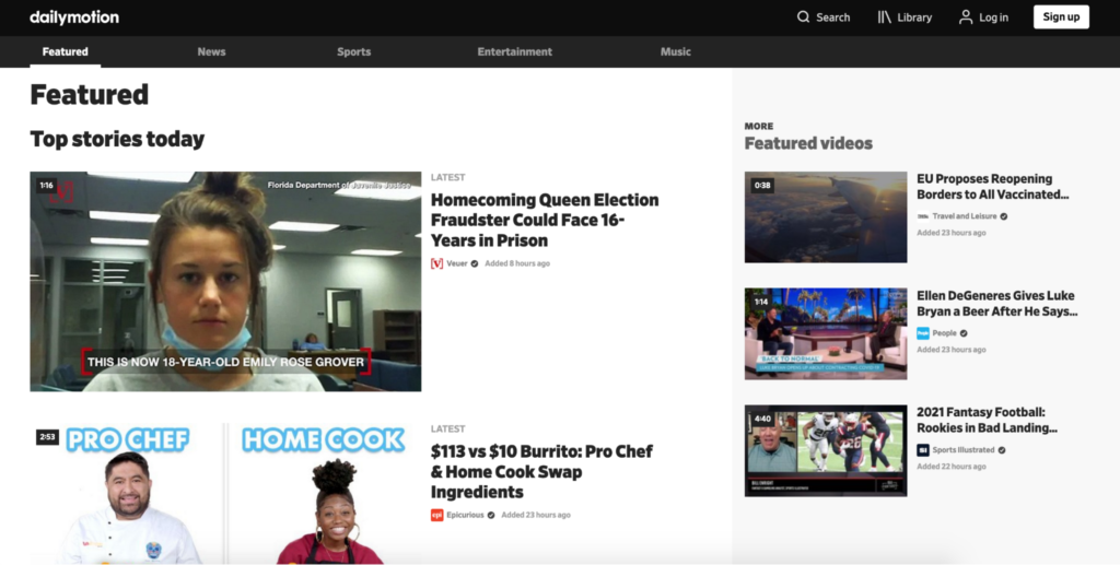 A screenshot of the dailymotion homepage featuring a selection of featured news articles and videos, with a focus on a story about a young individual facing prison time.