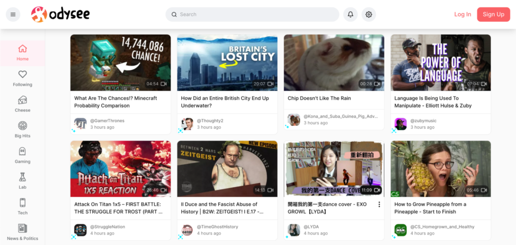 A screenshot of the homepage of the odysee video platform displaying a variety of video thumbnails representing diverse content genres.