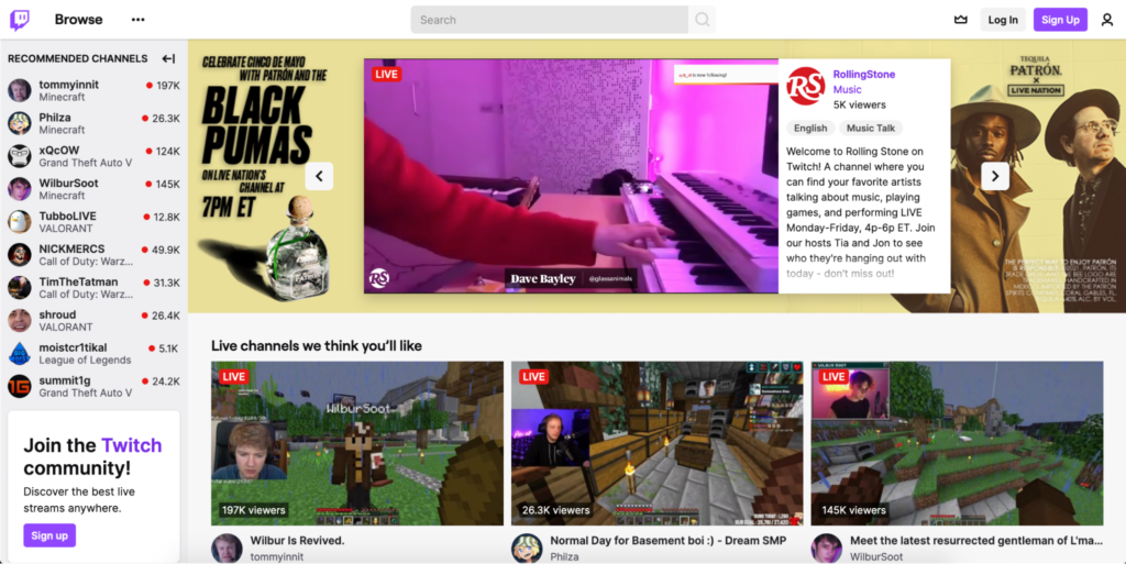 A screenshot of the twitch.tv homepage featuring various live streaming channels, with an emphasis on music, gaming, and chat content.