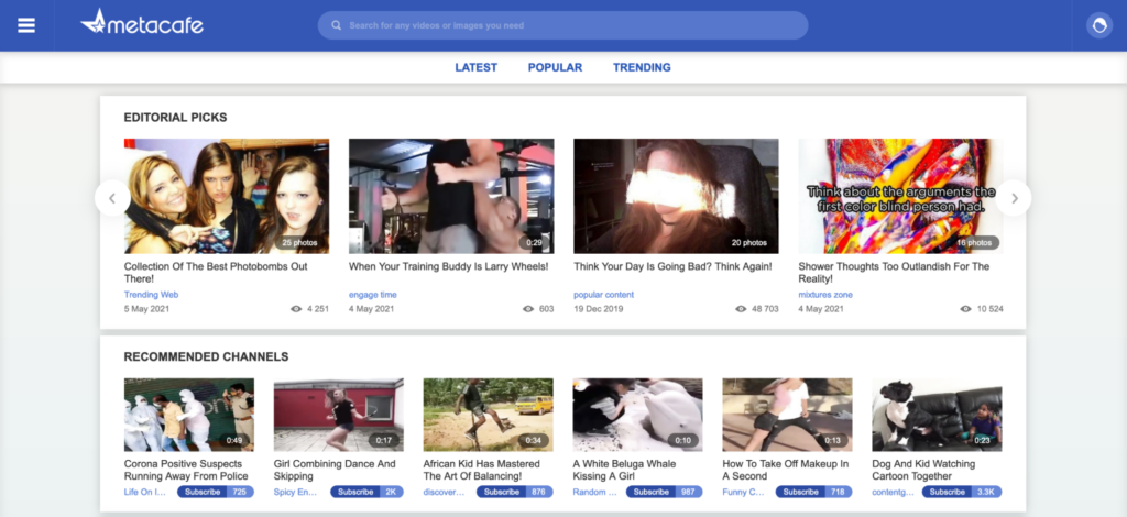 Webpage displaying a collection of video thumbnails from various social media content, categorized under "editorial picks" and "recommended channels" with views and engagement metrics shown.
