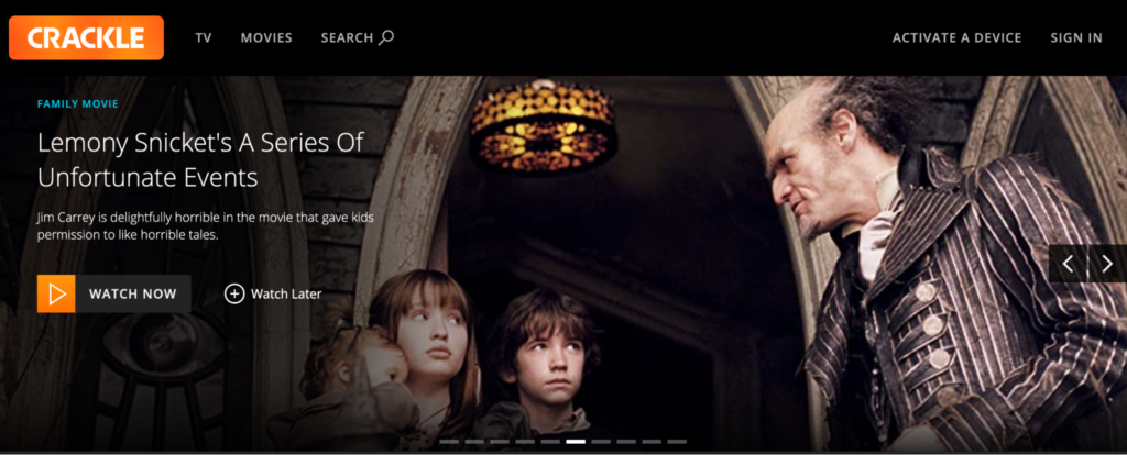 Promotional biteable video maker banner for "Lemony Snicket's A Series of Unfortunate Events" featuring the Baudelaire children and Count Olaf, available on Crackle TV.