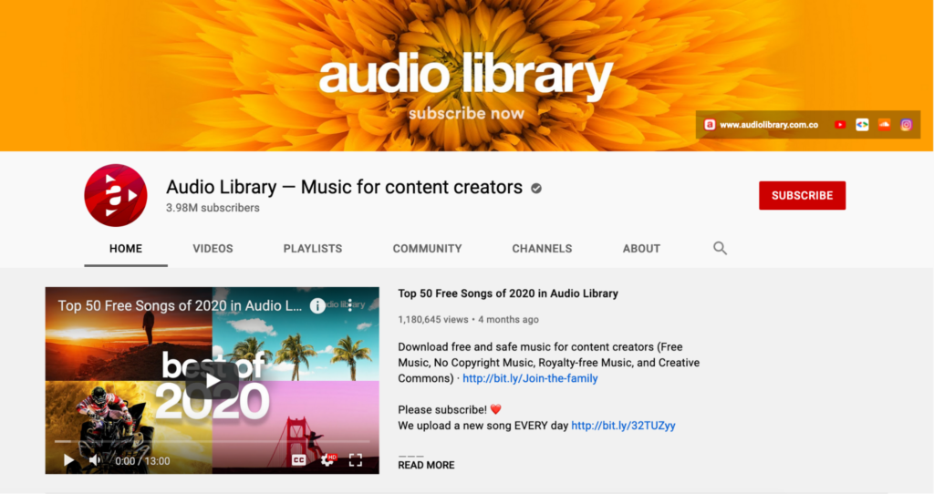 A screenshot of the youtube audio library channel homepage featuring music content for creators with a prominent floral background and interface elements showing videos and subscriber count.