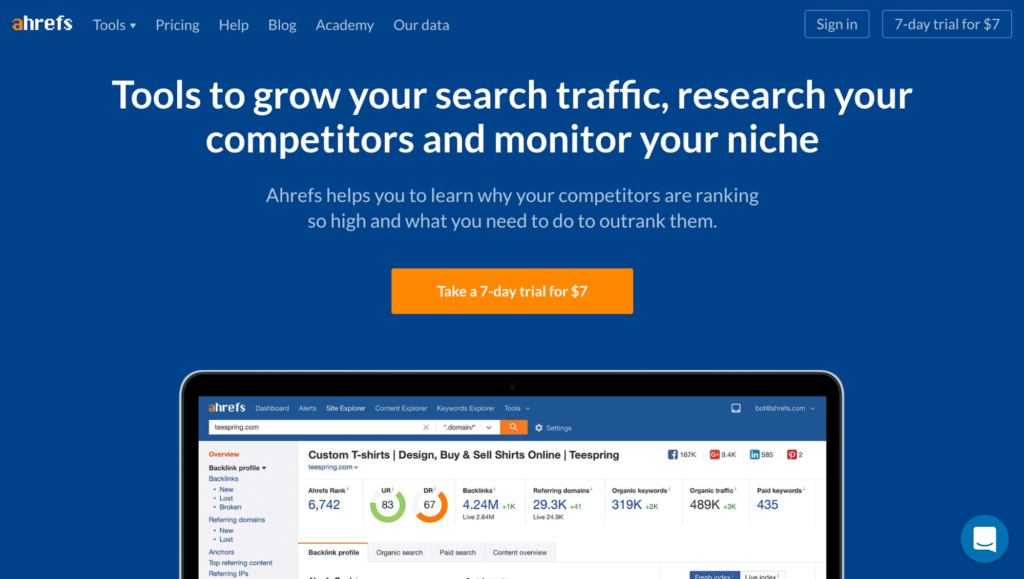 A screenshot of the ahrefs homepage advertising seo tools to analyze competitors and monitor one's niche with an offer for a 7-day trial.