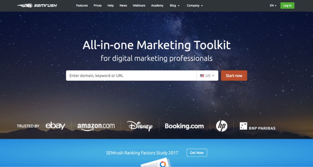 Homepage of Semrush featuring their all-in-one marketing toolkit for digital marketing professionals, including the Biteable video maker, with logos of trusted companies and a call-to-action button.