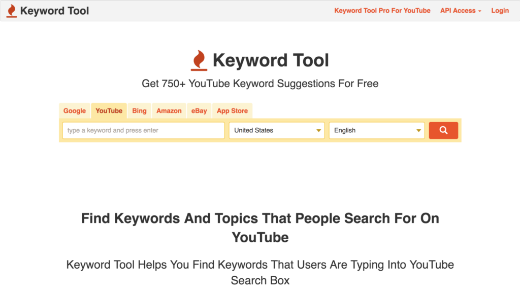 A screenshot of the keyword tool website's homepage, featuring a search bar for keyword suggestions across various platforms like google, youtube, bing, amazon, ebay, and the app store.