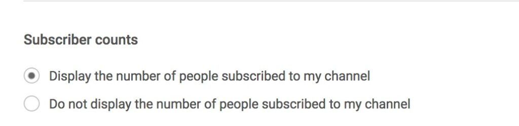 Interface options for showing or hiding subscriber count on a YouTube channel via advanced settings.