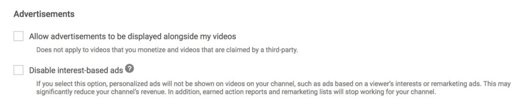 Settings page displaying options for YouTube advanced settings, including enabling advertisements and disabling interest-based ads.