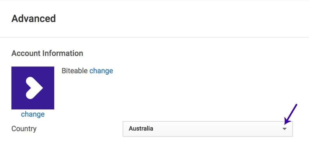 Screenshot of a Youtube user account advanced settings page with an option to change the account information profile picture and a dropdown menu set to 'Australia' for the country selection.