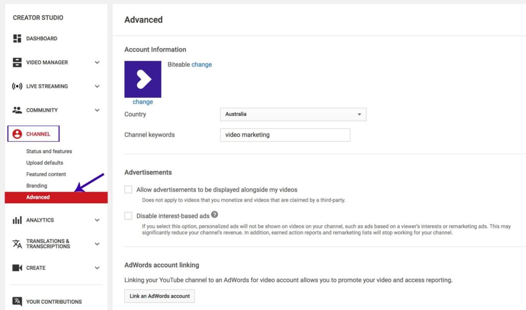 Screenshot of a YouTube channel's advanced settings page with options for country setting and channel keywords.