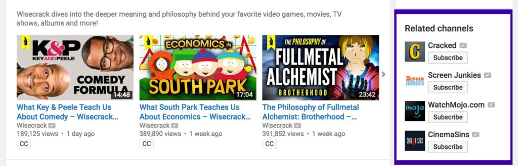 A screenshot showing a selection of YouTube video thumbnails created with Biteable video maker from the Wisecrack channel, concerning the deeper meaning and philosophy in video games, movies, TV shows, and more.