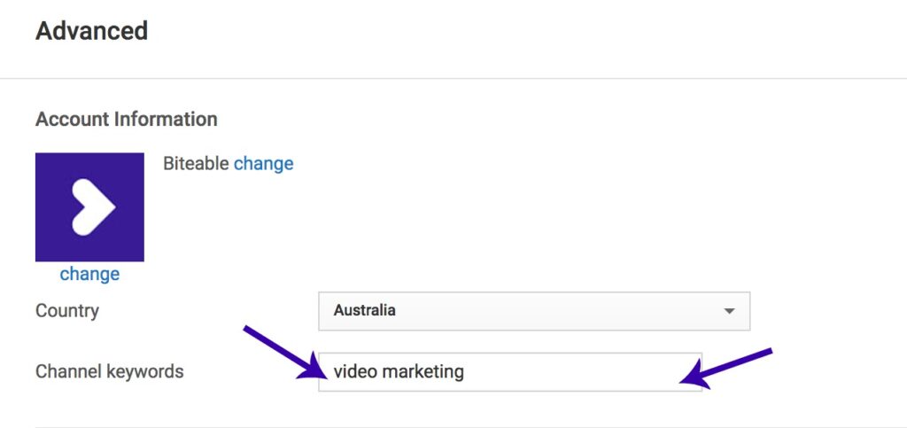 Screenshot of a YouTube advanced settings page, highlighting the option to change the account name and input channel keywords, with "video marketing" written in the keywords section.