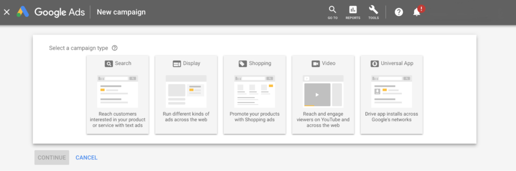 A screenshot of the google ads campaign type selection interface with options for search, display, shopping, video, and universal app campaigns.