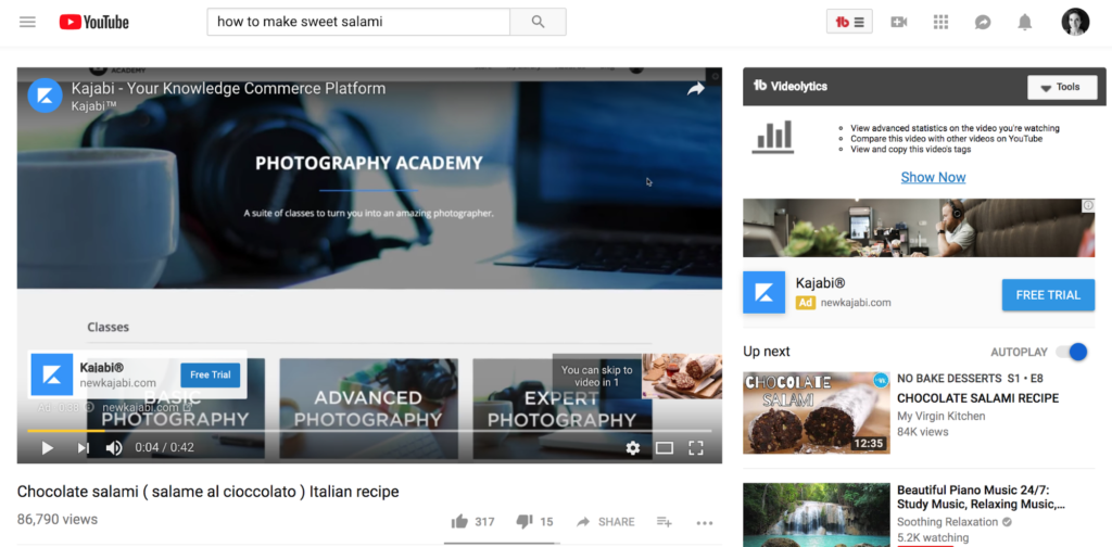 A screenshot of a youtube video titled "chocolate salami (a.k.a. how to make a sweet salami) italian recipe" with other video recommendations on the side.