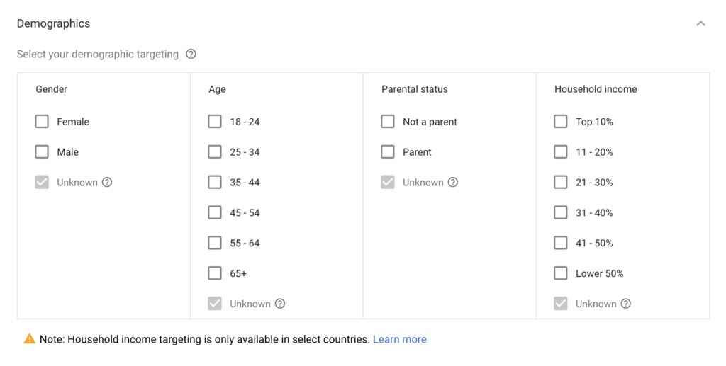 Screenshot of demographic targeting options in an online platform, featuring categories for gender, age, parental status, and household income.