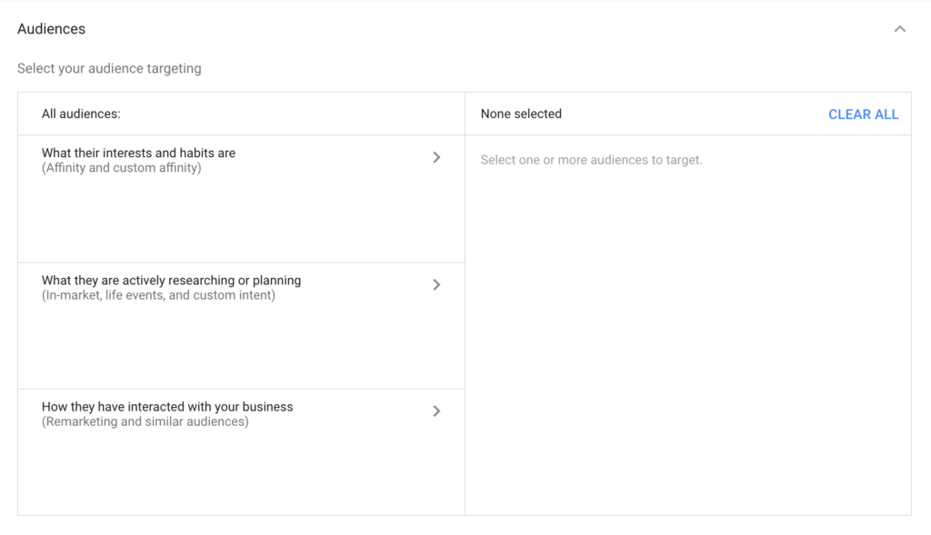 Screenshot of a digital advertising platform's audience targeting section with options for interests and habits, active research or planning, and interactions with a business.