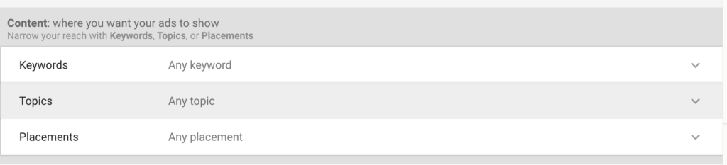 Interface of an online advertising platform featuring options to narrow ad reach with keywords, topics, or placements.