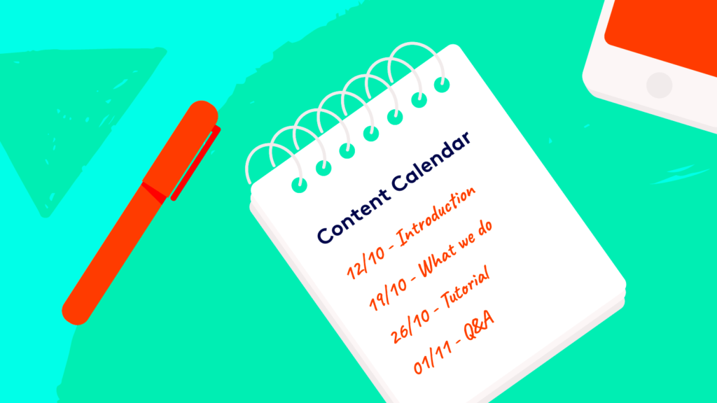 Illustration of a content calendar notebook with a red pen on a teal background, next to a smartphone.