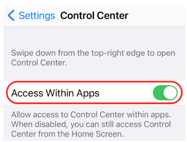 Screenshot displaying the 'access within apps' toggle turned on in the control center settings menu on a digital device.