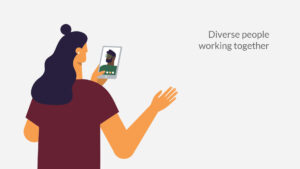 Person participating in an animated video call, symbolizing collaboration in a diverse work environment.