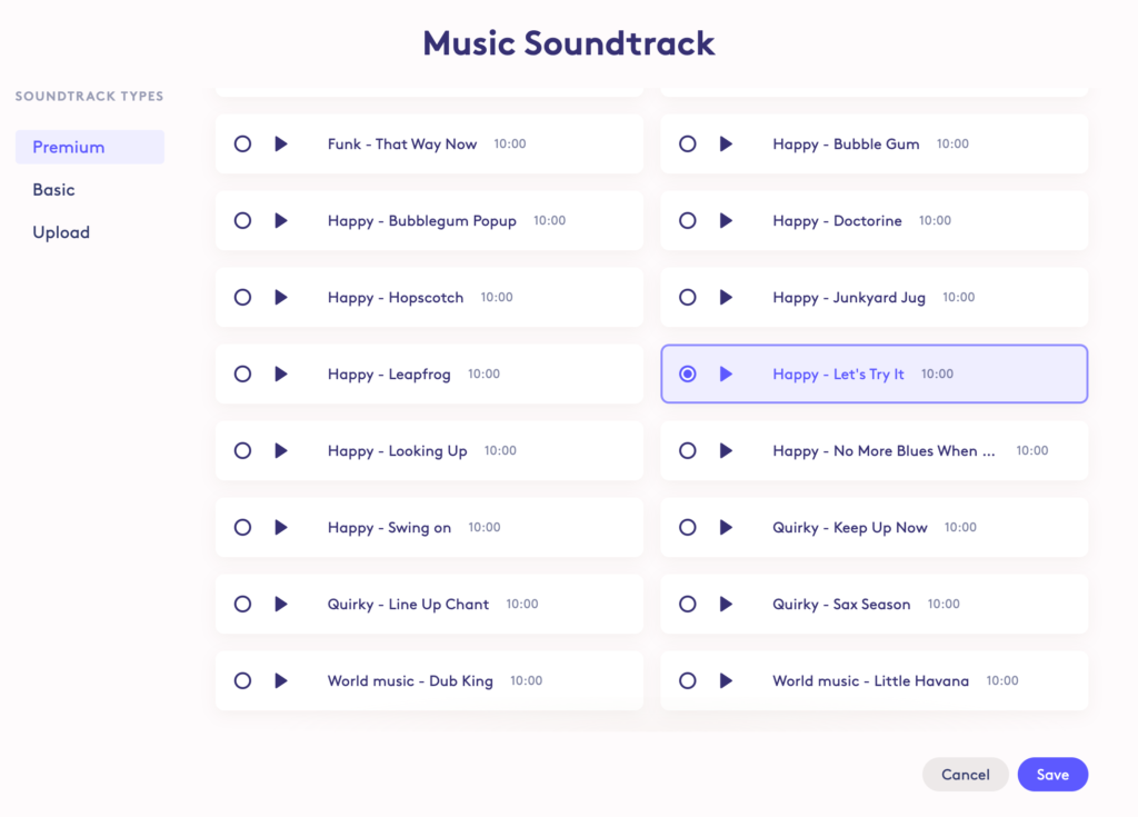 A user interface displaying a collection of music tracks, each with a mood descriptor, duration, and play/save options.