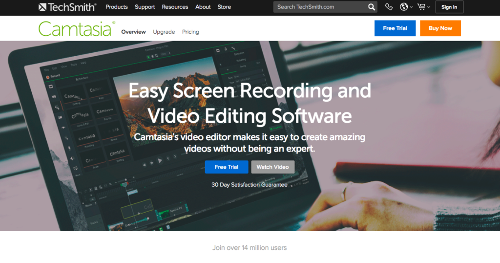 A website homepage promoting camtasia screen recording and video editing software with a tagline emphasizing ease of use for creating videos.