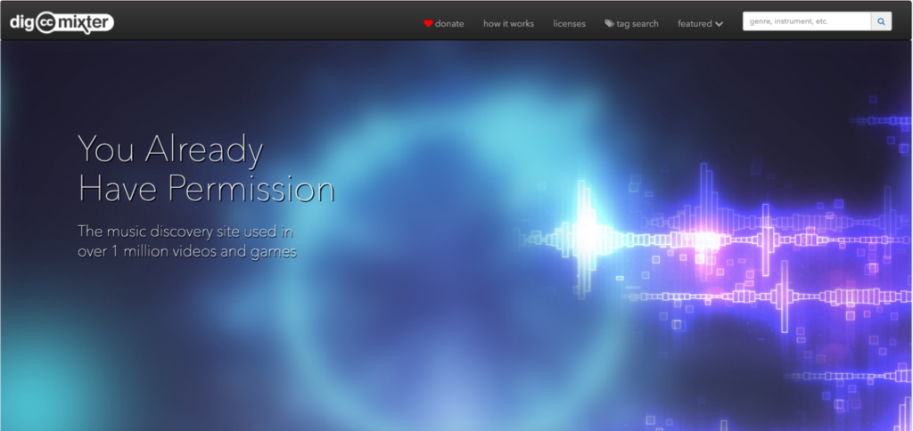 A screenshot of the dig.ccmixter website homepage featuring the tagline "you already have permission," promoting their music discovery service used in videos and games.