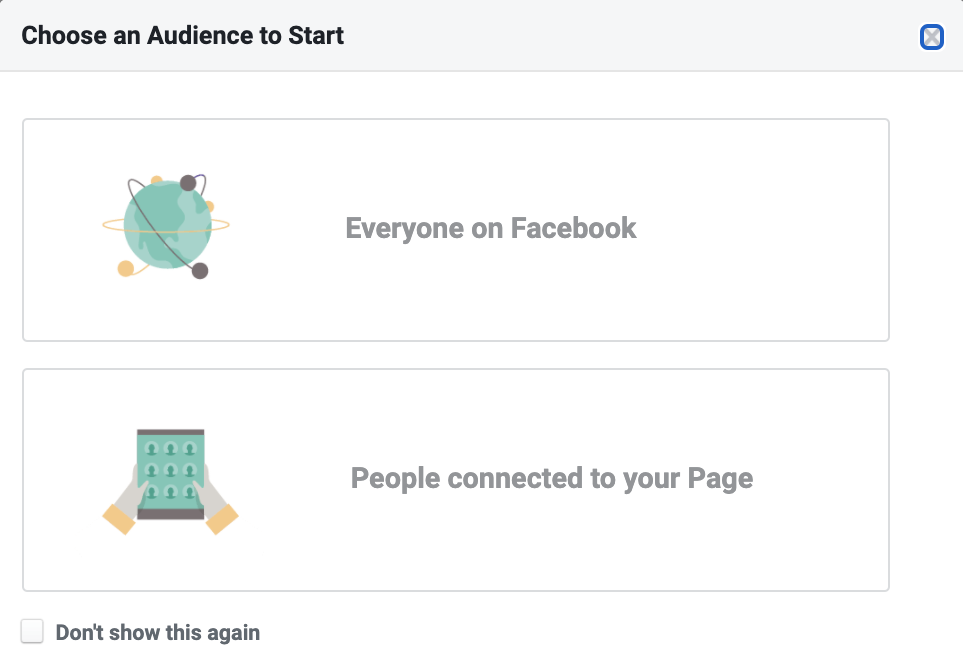Screenshot of a social media interface offering options to choose an audience: "everyone on facebook" or "people connected to your page.