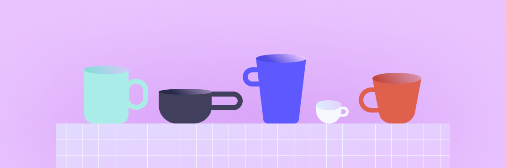 Five colorful mugs of varying sizes on a purple background.