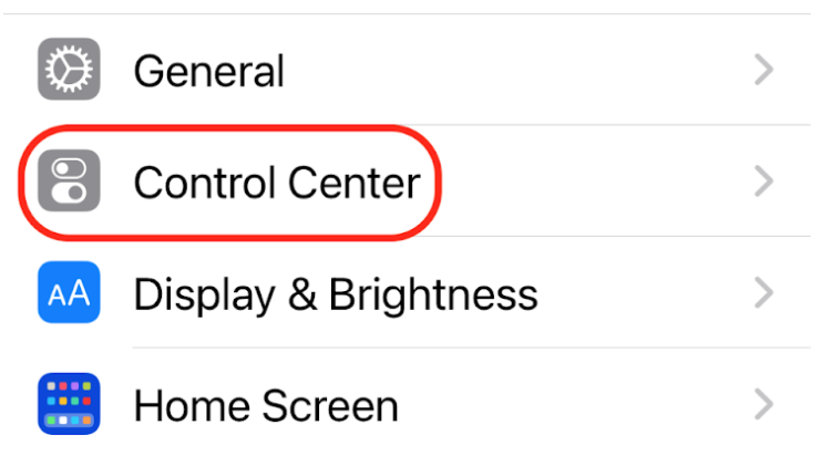 Ios settings menu highlighting the "control center" option.